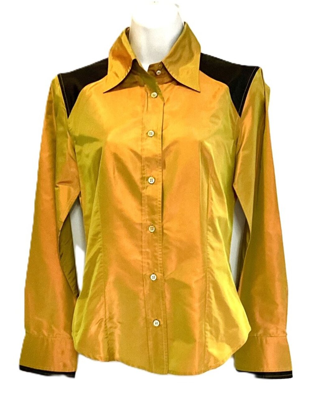ETRO Milano 100% Silk Metallic Gold Black Button Front Shirt Blouse IT 42 Italy